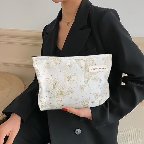 STARDW Flower Cosmetic Bags Makeup Bags for Women and Girls,Travel Makeup Bag Large Capacity Canvas Makeup Bag,Makeup Organizer Bag Zipper Pouch, Embossed pink, Large Capacity Aesthetic Makeup Bags