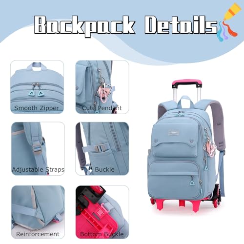 LANSHIYA Solid Color Girls Rolling Backpack with Wheels Schoolbag Elementary School Student Trolley Daypack