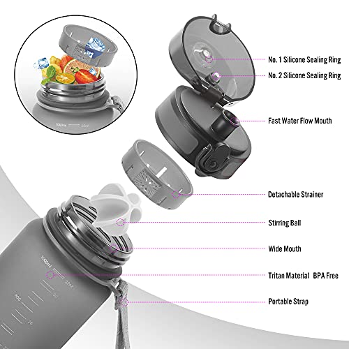PROIRON Water Bottle 0.5L/1L Leak-Proof Drink Bottle BPA Free USA Tritan Material Gym Bottle with Protein Shaker, Flip Top Lid & Removable Strainer for Fitness Cycling, Gym Camping Outdoor Sports