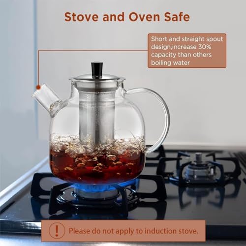 1500ml(50oz) Glass Teapot with Removable Stainless Steel Infuser Strainer,Borosilicate Heat Resistant Stovetop Safe Large Tea Pot, Blooming and Loose Leaf Hand Crafted Kettle for Women and Adult