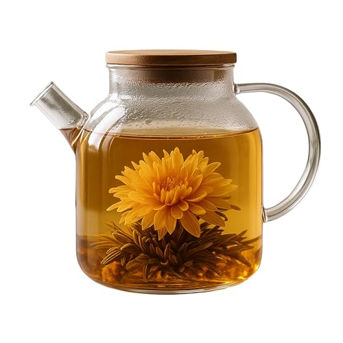 Power King Large 1.5 Liters Transparent Glass Teapot Stovetop & Microwave Safe Kettles for Brewing Hot or Cold Tea