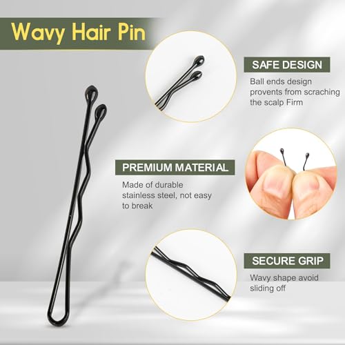 100Pcs Bobby Pins, 2.2inch Medium Wavy Black Hair Pins, All Hairstyles Strong Grip And Pain Free Pins for Girls Women With Storage box