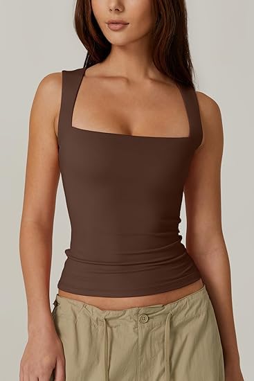 Women's Square Neck Sleeveless DoubleLayer Vest Basic Tight T-Shirt Women's Camisole Fashionable TightFitting Inner Fitness Top