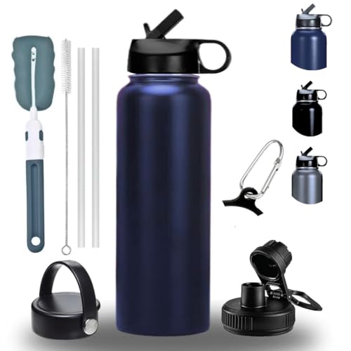 Thermos Flask Insulated Water Bottle 32oz Straw-Brush-3 Lid-handle Triple Wall Vacuum Stainless Steel Water Bottle 1L Sports Jym Office school kids Water Bottle Hot & Cold Water Bottle 950ml dark blue