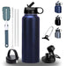 Thermos Flask Insulated Water Bottle 32oz Straw-Brush-3 Lid-handle Triple Wall Vacuum Stainless Steel Water Bottle 1L Sports Jym Office school kids Water Bottle Hot & Cold Water Bottle 950ml dark blue