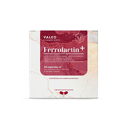 Valeo Ferrolactin+ | Iron with Vitamin C, B2, B12, Folic Acid and Live Cultures - 60 capsules