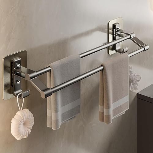 TERRIFI 60cm Towel Rail - Self Adhesive Towel Bar, Anti-Rust Aluminium Rack Holder, No Drilling 2 Tier Double Rod Towel Shelf Storage with 2 Hooks, Wall Mounted for Bathroom, Kitchen, Shower