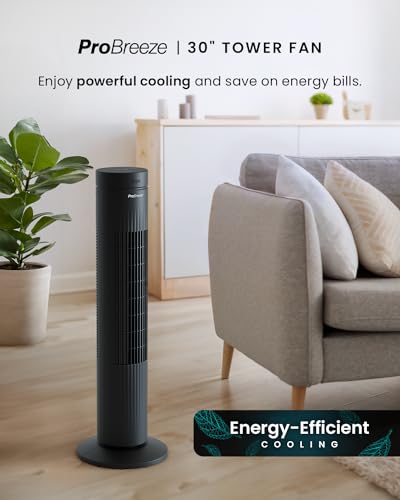 Pro Breeze® 30" Tower Fan with 7-Hour Digital Timer, Remote Control, 3 Cooling Fan Modes & LED Light Indicator - Powerful & Energy-Efficient Electric Fan for Home and Office (Black 30")