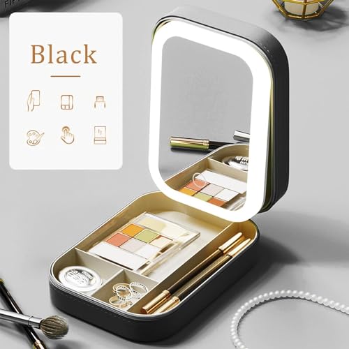 Tufexigo Travel Makeup Case with LED Mirror, Makeup Bag with Lighted Mirror, Cosmetic Train Storage Box, Portable Organizer Vanity Case for Women Beauty Tools Accessories Rechargeable (Black)
