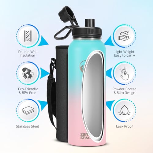 ZeroSpace Stainless Steel Water Bottle, 1200ml Insulated Water Bottle with Straw & Brush, BPA-Free Double Wall Vacuum Thermos Flask for Hot & Cold Drinks, Gym, Travel, Office & Kids (Green/Pink)