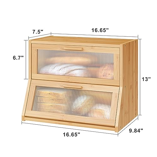 Vriccc Black Large Bread Box for Kitchen Counter, Bamboo Wooden Double Layer Large Capacity Bread Storage Bin with Acrylic Wavy Door Panel (Natural)
