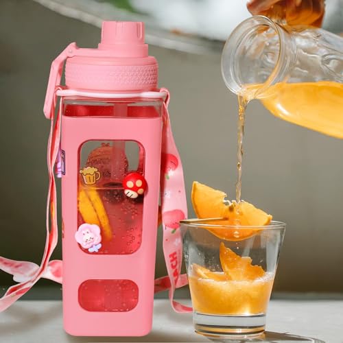 X spring Water Bottle for Girls, 700ml Portable Cute Kids Water Bottles with Straw, Large Capacity Square Drinking Bottle with Adjustable Shoulder Strap, Suitable for School and Travel Use