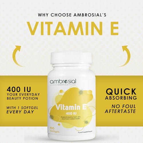 Ambrosial Vitamin E Capsule for face & Skin VIT E 400 IU supplements| Natural & Pure Vitamin E High Strength Capsules| Hair Skin & Nail Vitamins for Women & Men (Pack of 1-60 Softgels)