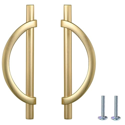 Cabinet Pulls, Brushed Golden Drawer Handles, 2Packs Bronze Kitchen Door Cupboard Cabinet Handles, Half Moon Shape Creative Cabinet Pulls for Cupboard Door and Bathroom, 5Inch (128MM) Hole Center