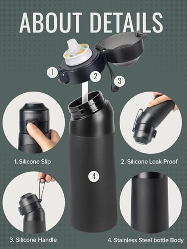 New Stainless steel Air Water Bottle,Air Up Water Bottle, Fruit Flavoured Water Bottle with 3 Flavour Pods – BPA Free, 0 Sugar 0 Calorie for Kids, Gym And Outdoor Activities,3Pods (Black)