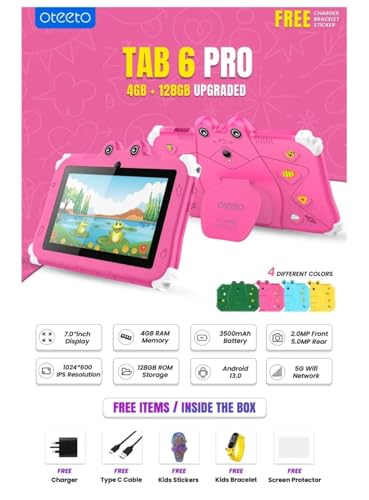 Oteeto TAB 6 Kids Tablet, 7-Inch IPS LCD Display, 4GB RAM + 128GB ROM, Android 13, Dual Camera, Black (Blue)