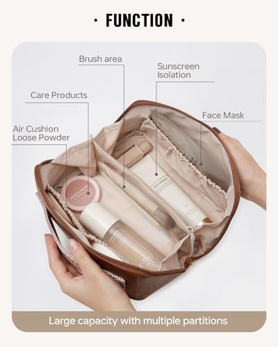 EACHY Travel Makeup Bag,Large Capacity Cosmetic Bags for Women,Waterproof Portable Pouch Open Flat Toiletry Bag Make up Organizer with Divider and Handle