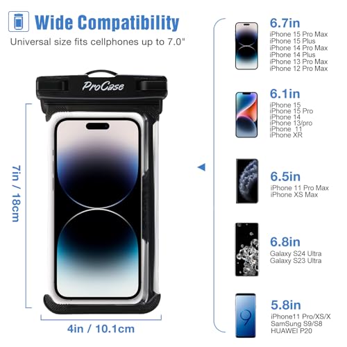 ProCase Waterproof Phone Pouch Case Dry Bag for iPhone 16 15 14 13 Pro Max Mini 12 11 Pro Max XR XS X 8 7 6S Plus, Galaxy S23 S22 S21 Note Pixel Up to 7", Cruise Essentials -2Pack, Clear