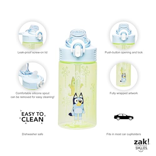 Zak Designs Sage Bluey Kids Water Bottle For School or Travel, 16oz Durable Plastic Water Bottle With Straw, Handle, and Leak-Proof, Pop-Up Spout Cover (Bluey & Bingo)