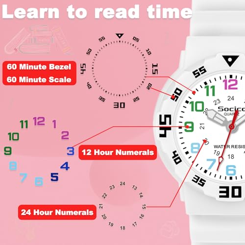 SOCICO Children Analog Watch for Boys Girls Waterproof Time Teaching Watch with Soft Band Learning Time Wrist Watch Easy to Read for Kids Great Gifts