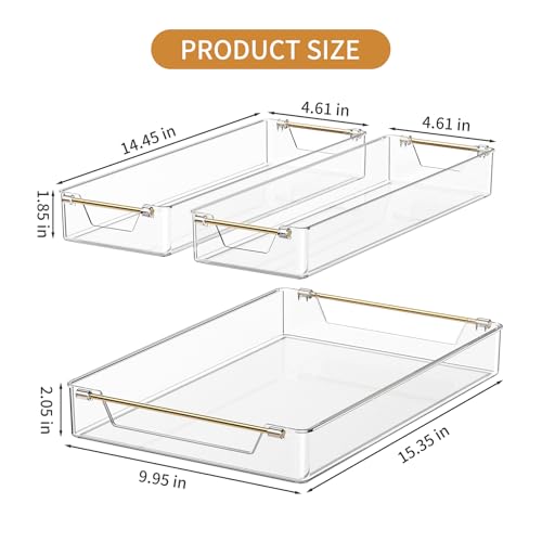 TenSteed Bathroom Trays,Vanity Tray with Gold Handles, Multi-Purpose Storage Organiser Set for Kitchen, Bathroom and Dining Table, Non-Slip Base (Transparent)
