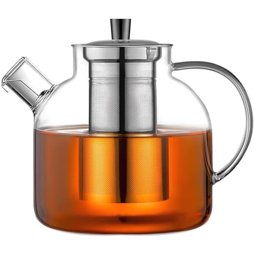 1500ml(50oz) Glass Teapot with Removable Stainless Steel Infuser Strainer,Borosilicate Heat Resistant Stovetop Safe Large Tea Pot, Blooming and Loose Leaf Hand Crafted Kettle for Women and Adult