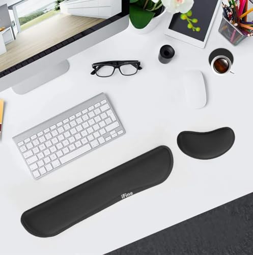 iFine Upgrade Enlarged Smooth Fabric Memory Foam Keyboard & Mouse Wrist Rest Pad Cushion Support for Computer Laptop Mac in Office or Home for Stress-Free Typing (Black with Coaster)