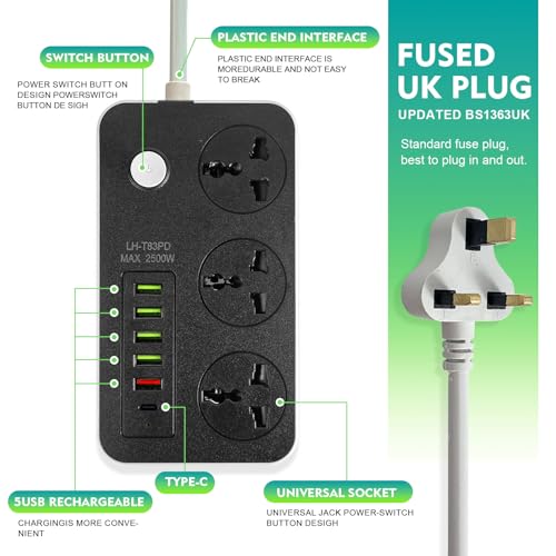 SKY-TOUCH Power Strips Extension Cords 3 Outlets, Universal Power Socket with 5 USB & 1 Type-C Ports, 2M Bold Extension Cord Plug Adapter for Home, Office, Kitchen