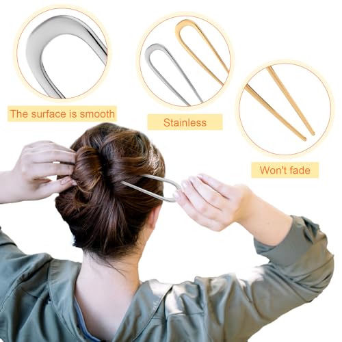 PEUTIER 2pcs Metal French Hair Pins for Thick Hair, U-Shaped Stick Hair Pins Metal French Twist Hair Pin Fork for Women Girls Hair Types Styling Hair Accessories (1 Gold & 1 Silver)