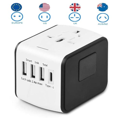 Disgian Travel Adapter, Universal International Power Adapter with 3USB Port And Type-C International Wall Charger Worldwide AC Power Plug for Multi-nation Travel UK, EU, AU Over 200 Countries (White)
