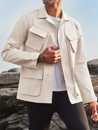 Runcati Mens Lightweight Safari Jacket Button Up Cotton Outdoor Military Cargo Long Sleeve Outwear