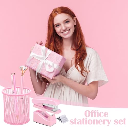 auroray 13 in 1 Pink Office Supplies, Pink Desk Accessories for Women with Stapler,Tape Dispenser,1000 Staples,Pen Holder,Staple Remover,Clips,Ruler,Scissors, Tabs,Tape,Ballpoint Pen