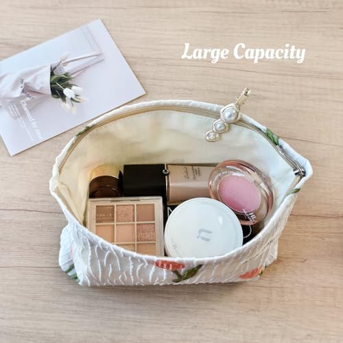 STARDW Flower Cosmetic Bags Makeup Bags for Women and Girls,Travel Makeup Bag Large Capacity Canvas Makeup Bag,Makeup Organizer Bag Zipper Pouch, Embossed pink, Large Capacity Aesthetic Makeup Bags