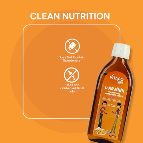 Vitago Kids L-Arginine Multivitamin Liquid for Boy, Orange Flavored - 150ml, Boosts Growth & Energy, Complete Nutrition