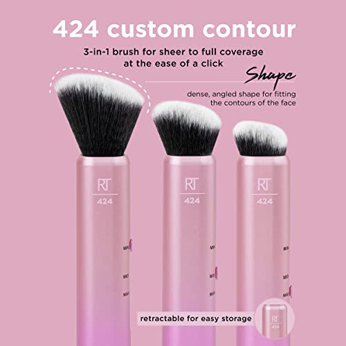 Real Techniques Custom Contour 3-in-1 Brush, Slide For Bronzer and Contour, 3 Settings Sheer, Medium, or Focused Application, Travel Friendly, On-The-Go, 1 Count