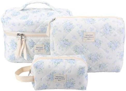 Lushandy 3 Pcs Quilted Floral Makeup Bag Set Cute Cosmetic Bag Coquette Aesthetic Makeup Bag Large Travel Makeup Organizer Toiletry Bag