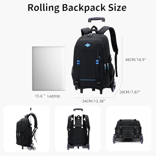 Sopnorm Rolling Backpack for Boys Elementary School Bag with Wheels Travel Trolley Bag 2 wheels and 6 wheels, Black/Blue 6 Wheels, 6 wheels