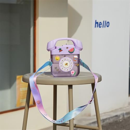 Twisoo Portable Telephonic Design Plastic Drinking Bottle Aesthetic Water Bottle Telephone Shape Water Bottle With Straw Water Bottle With Shoulder Strap, Leak Proof (400 ml)