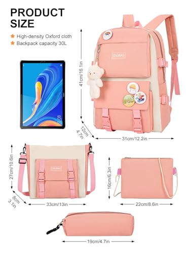 School Bag for Girls, 4Pcs Cute Backpack Set with Pendant Lunch Bag, Pencil Case, Handbag, Coin Purse for Teen Girls School Backpack