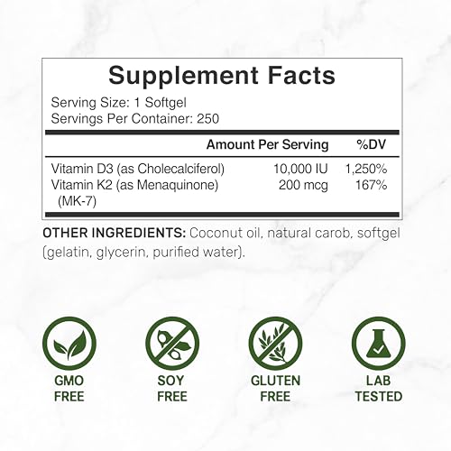 DEAL SUPPLEMENT Vitamin D3 10,000 IU + K2 MK7 200 mcg, Infused with Virgin Coconut Oil, 250 Softgels, Double Strength Vitamin D & K, Promotes Heart, Bone & Teeth Health - Very Easy to Swallow