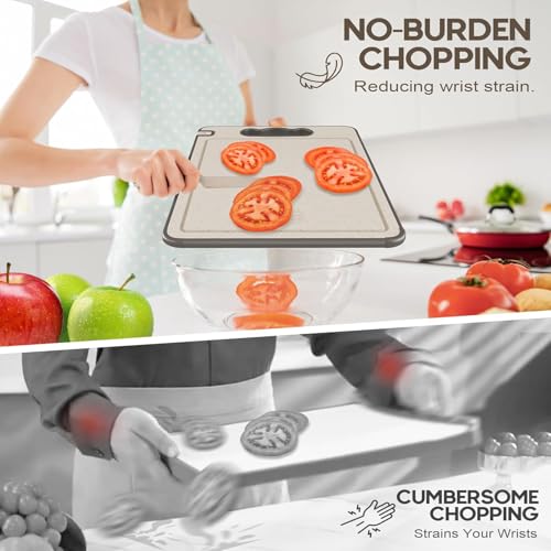 Angju Cutting Board Double Sided,Stainless Steel Cutting Board for Kitchen,Non-slip Scratch-resistant Mesh Design with Juice Groove and Knife sharpener,Food-Grade Wheat Straw PP Chopping Board