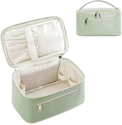 PawPawU Makeup Bag, Travel Cosmetic and Toiletry Organizer, Vegan Leather Waterproof Beauty Washbag with Handle to Keep Your Make up, Brushes, Skincare Products Organized (Beige)