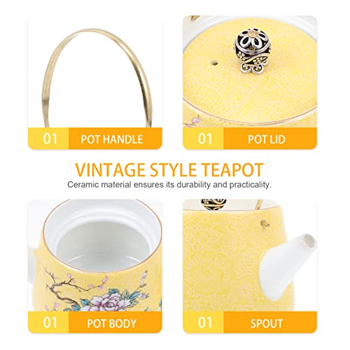 KOKOPO Vintage Chinese Ceramic Teapot Floral Porcelain Kung Fu Tea Pot Porcelain Flower Coffee Pot Water Pot for New Year Party Serving Kitchen Home Birthday Afternoon Tea Housewarming Gift Yellow