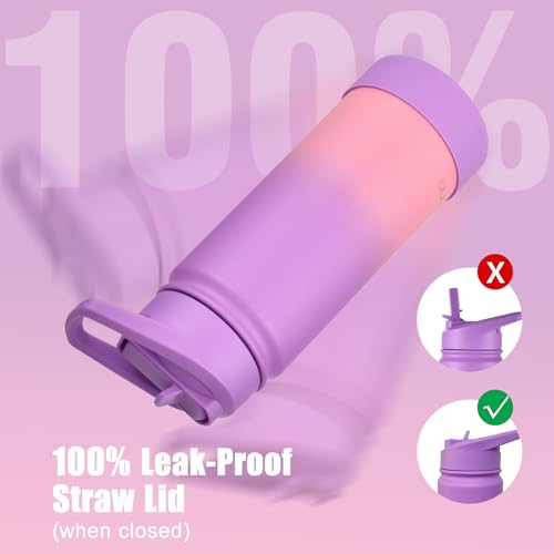 mininoo Kids Water Bottle for School, 16oz Stainless Steel Insulated Water Bottle Kids with Straw Lid for Girls, Boys (Purple/Pink)
