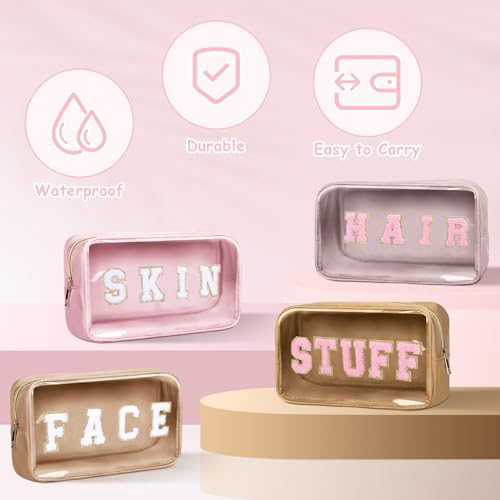 Pinkunn 4 Pcs Preppy Makeup Bags Christmas Chenille Letter Bag Face Skin Hair Stuff Cosmetic Bag Corduroy Makeup Pouch with Zipper Birthday Gifts for Women(Purple, Pink, White, Blue,Corduroy)