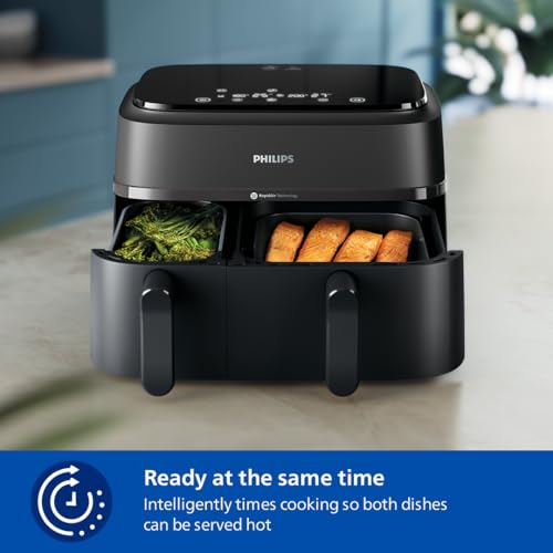 Philips Dual Basket AirFryer 3000 Series - 2750W, 9L Capacity, 2 Basket Drawers, 8 Presets Touchscreen, Black - NA350/00