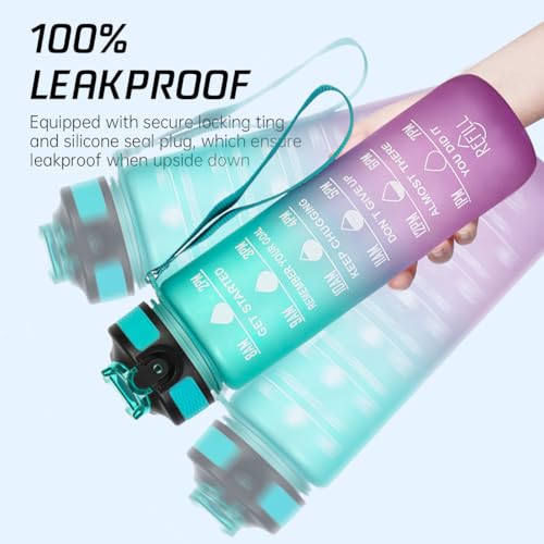 ECVV® 1L Motivational Water Bottle with Time Marker & Encourage Phrase - BPA Free, Leakproof Wide Mouth, Fast Flow Technology, Perfect for Daily Hydration(Green,Purple)