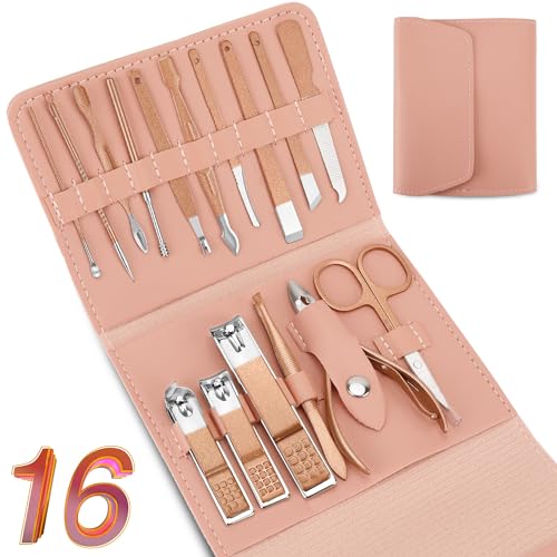 NINEMAX Manicure Set Nail Cutter Clipper Kit 16pcs Stainless Steel Rust Leather Case Sizes Pedicure for Women Men Travel Home Gift Giving Pink
