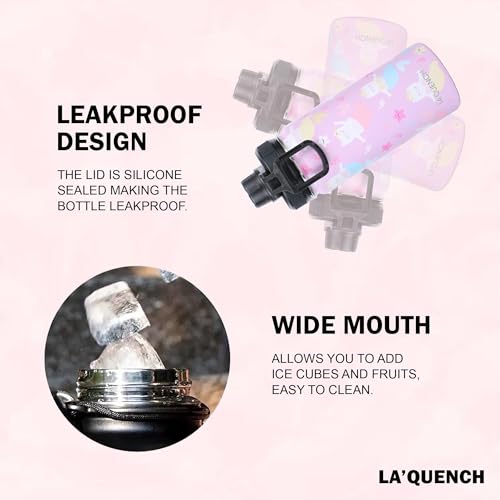 LA'QUENCH™ 18/8 Stainless Steel Water Bottle for Kids 415ml / 14oz Leakproof Double Wall Insulated Thermos Flask (Kitten Mermaid Pink)