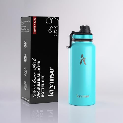 KRYMSO, 950ml Stainless Steel Water Bottle, Sports Bottle with Straw, Insulated Water Bottle, Thermos Flask, Hot Water Bottle for kids, Gym (Turquoise, 950ml / 32oz)
